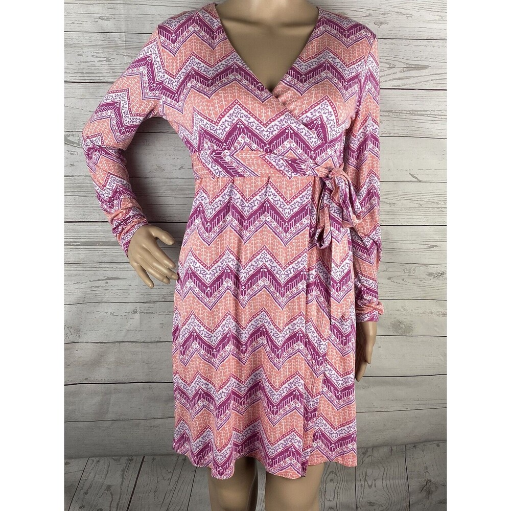 DAKINI Dress Pink Orange Purple Patterned Floral Zig Zag Faux Wrap